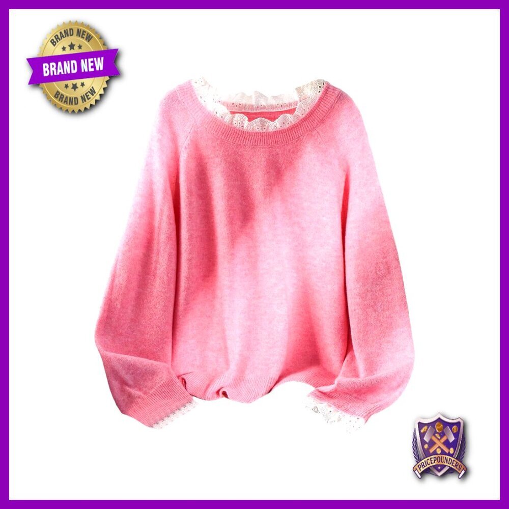 Plus Size Oversized Knit Pullover Sweater with Lace Trim Crew Neck